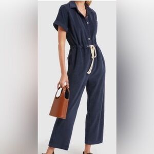 ALEX MILL Benny Navy Blue Terry Cloth Short Sleeve Utility Jumpsuit LG